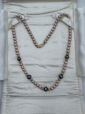 Classic Pink Pearl Necklace with Gold Accents